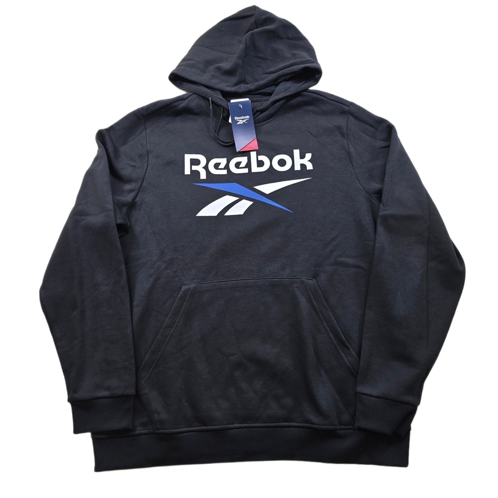 Reebok Identity Fleece Hoodie Mens Large Black Classic Fit Stacked Logo NEW